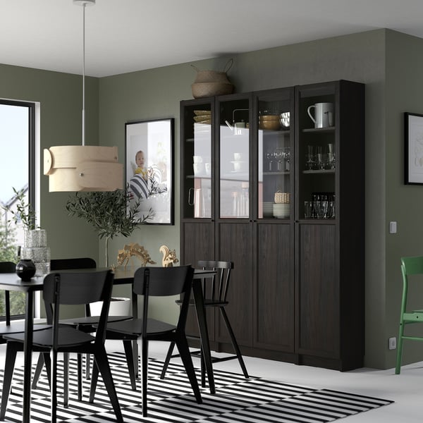 BILLY / OXBERG bookcase comb w panel/glass doors, dark brown oak effect, 160x202 cm