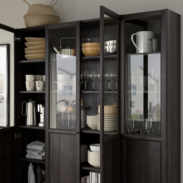 BILLY / OXBERG bookcase comb w panel/glass doors, dark brown oak effect, 160x202 cm
