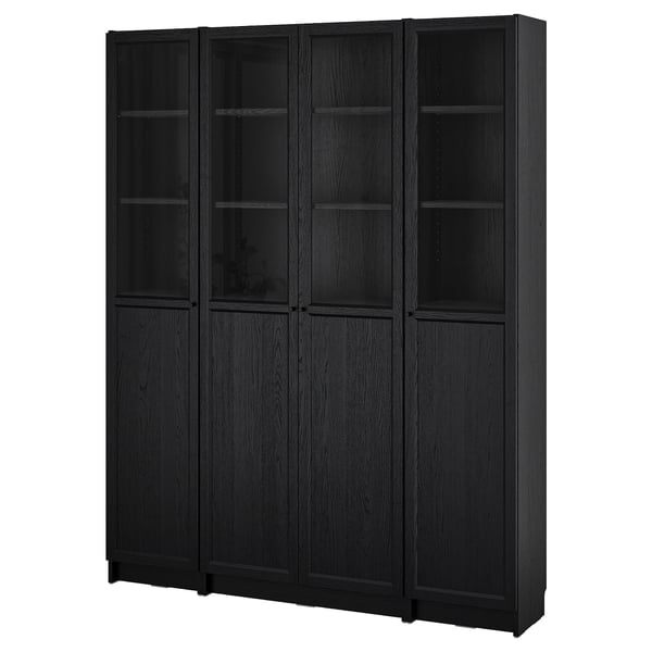 BILLY / OXBERG bookcase comb w panel/glass doors, black oak effect, 160x202 cm