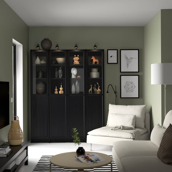 BILLY / OXBERG - BILLY / OXBERG Bookcase comb w panel/glass doors, black oak effect, 160x202 cm