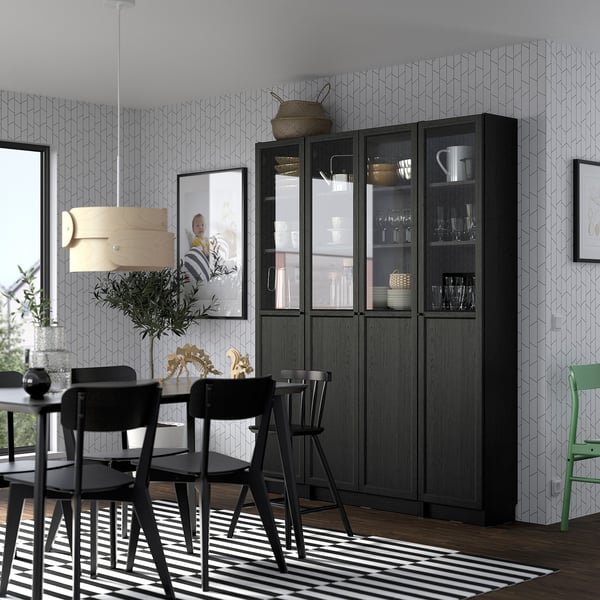 BILLY / OXBERG bookcase comb w panel/glass doors, black oak effect, 160x202 cm