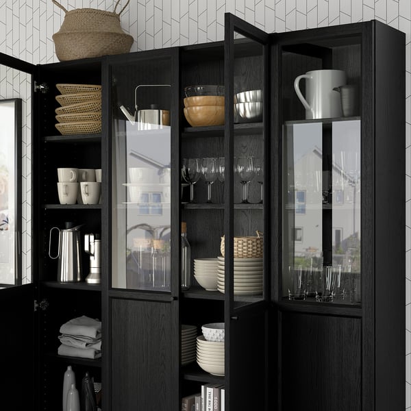 BILLY / OXBERG bookcase comb w panel/glass doors, black oak effect, 160x202 cm