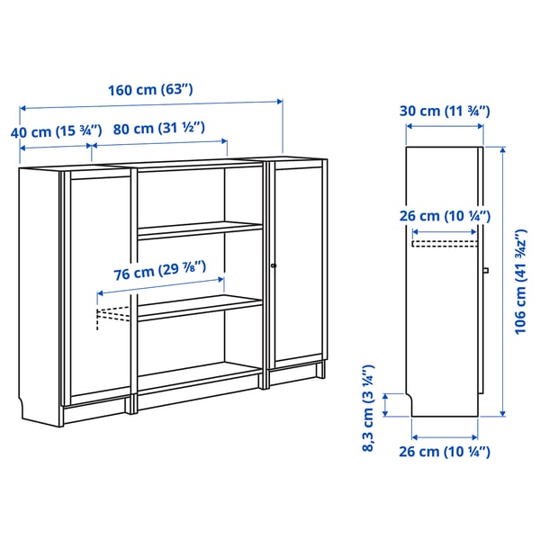 BILLY / OXBERG bookcase combination with doors, white, 160x106 cm