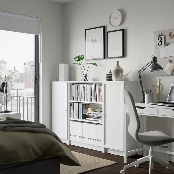BILLY / OXBERG bookcase combination with doors, white, 160x106 cm