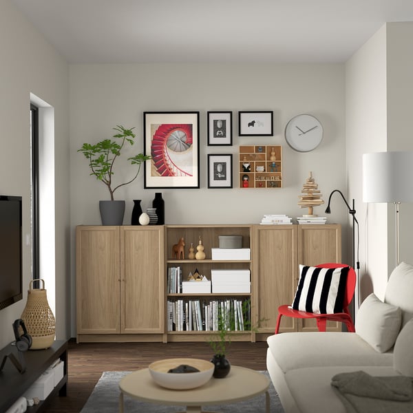 BILLY / OXBERG bookcase combination with doors, oak effect, 240x30x106 cm