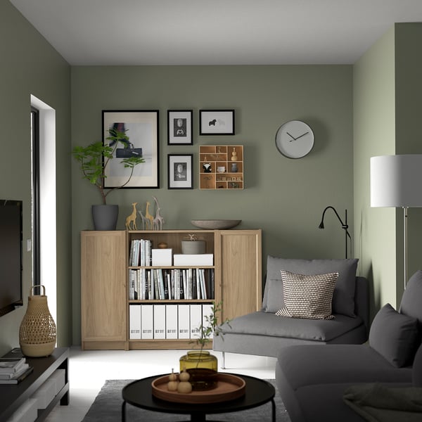 BILLY / OXBERG bookcase combination with doors, oak effect, 160x106 cm