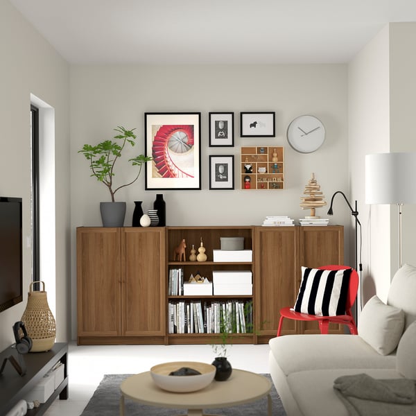 BILLY / OXBERG bookcase combination with doors, brown walnut effect, 240x30x106 cm