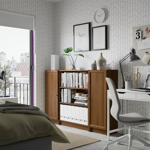 BILLY / OXBERG bookcase combination with doors, brown walnut effect, 160x106 cm