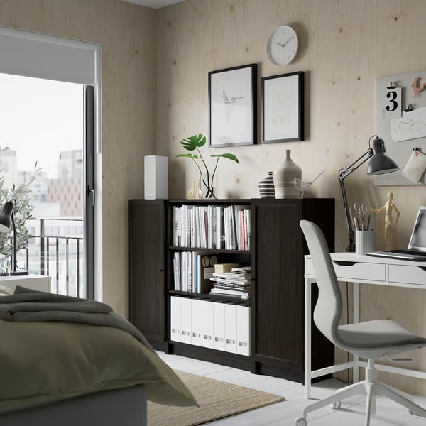 BILLY / OXBERG bookcase combination with doors, dark brown oak effect, 160x106 cm