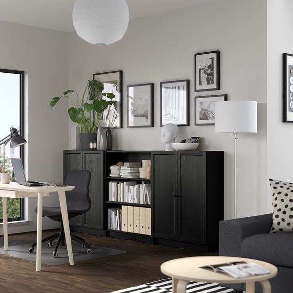 BILLY / OXBERG bookcase combination with doors, black oak effect, 240x30x106 cm