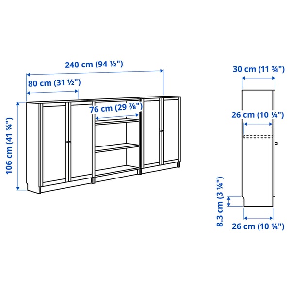 BILLY / OXBERG bookcase combination with doors, black oak effect, 240x30x106 cm