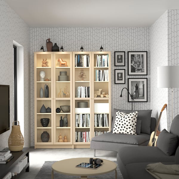 BILLY / OXBERG - Bookcase/glass door combination, birch effect,160x202 cm