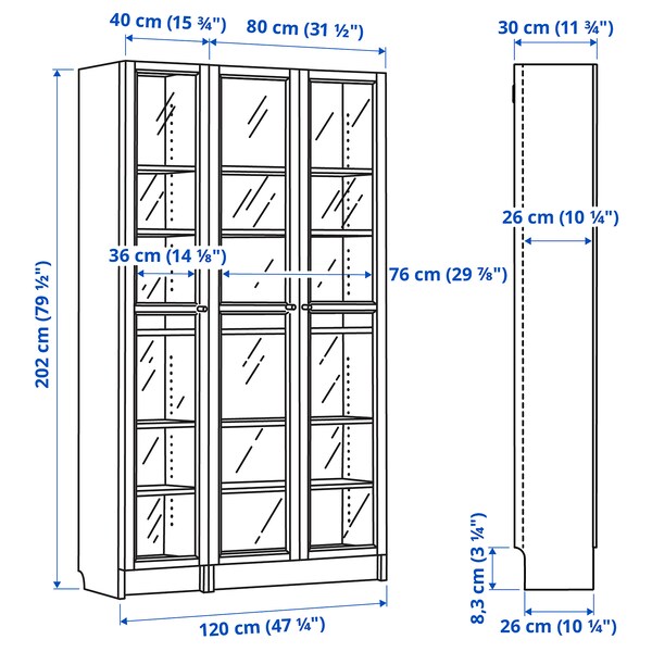 BILLY / OXBERG - Bookcase combination w glass doors, oak effect/clear glass, 120x30x202 cm