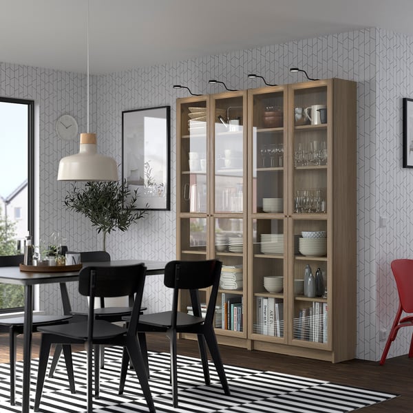 BILLY / OXBERG bookcase combination w glass doors, oak effect, 160x202 cm
