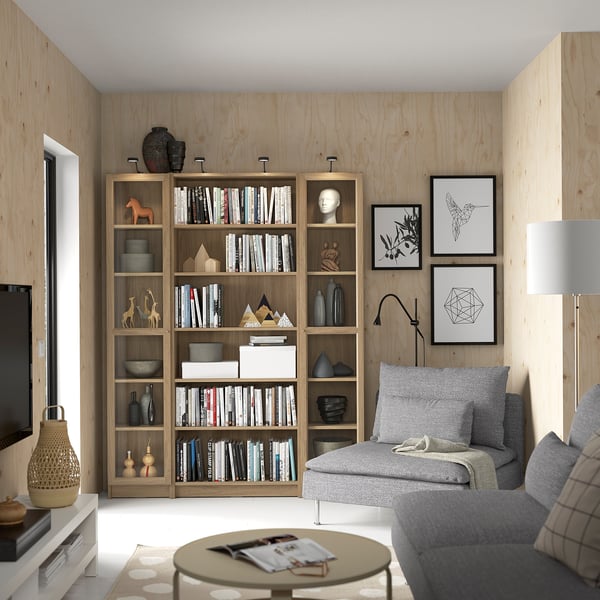 BILLY / OXBERG bookcase combination w glass doors, oak effect, 160x202 cm