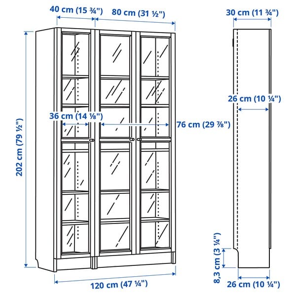 Ikea BILLY / OXBERG - Bookcase combination w glass doors, brown walnut effect/clear glass, 120x30x202 cm