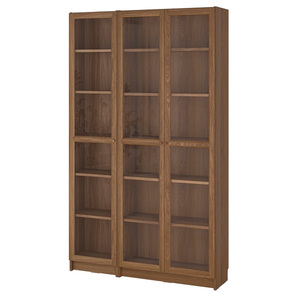 BILLY / OXBERG bookcase combination w glass doors, brown walnut effect/clear glass, 120x30x202 cm