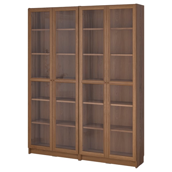 BILLY / OXBERG bookcase combination w glass doors, brown walnut effect, 160x202 cm