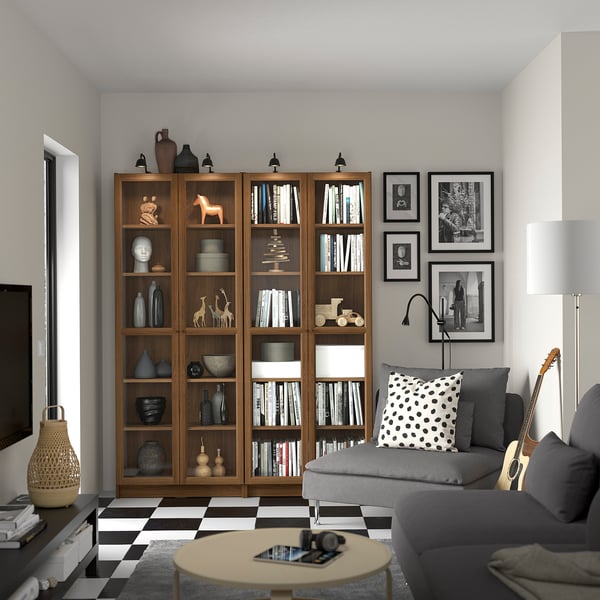 BILLY / OXBERG bookcase combination w glass doors, brown walnut effect, 160x202 cm