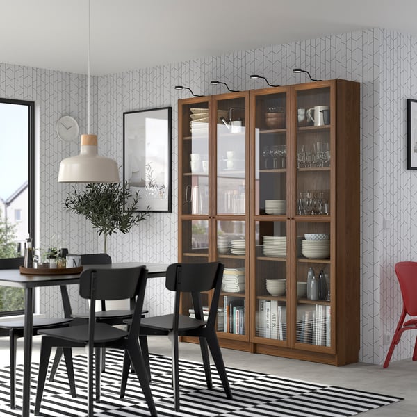 BILLY / OXBERG bookcase combination w glass doors, brown walnut effect, 160x202 cm