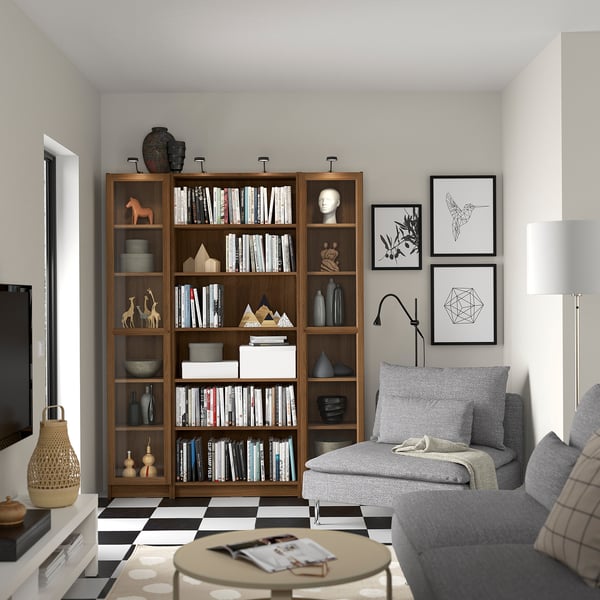 BILLY / OXBERG bookcase combination w glass doors, brown walnut effect, 160x202 cm