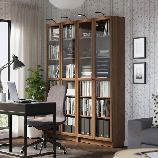 BILLY / OXBERG bookcase combination w glass doors, brown walnut effect, 160x202 cm