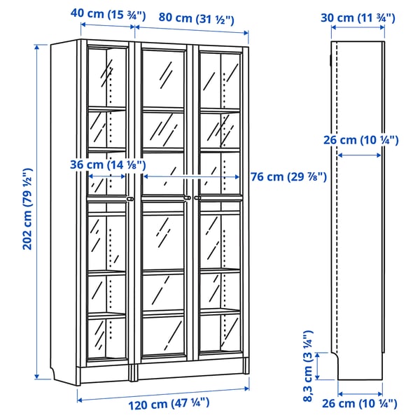 BILLY / OXBERG bookcase combination w glass doors, dark brown oak effect/clear glass, 120x30x202 cm