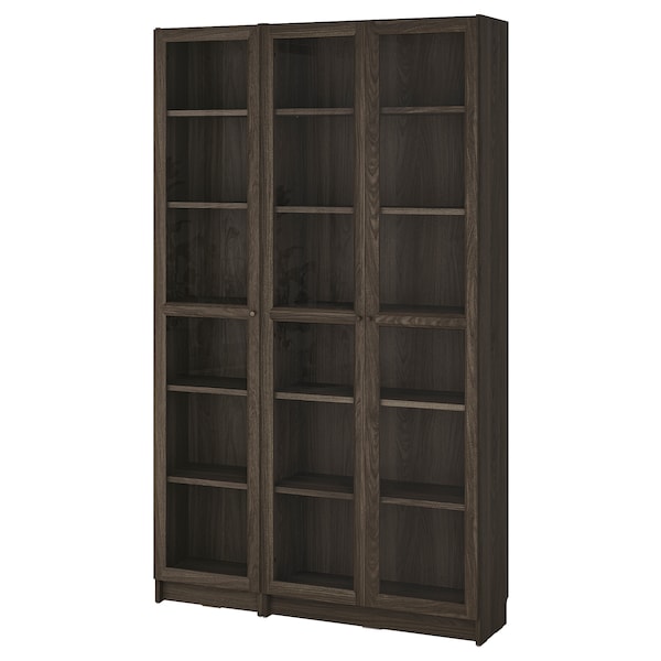 BILLY / OXBERG - Combination bookcases/glass doors, dark brown oak effect/transparent glass,120x30x202 cm