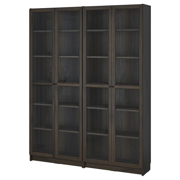 BILLY / OXBERG bookcase combination w glass doors, dark brown oak effect, 160x202 cm