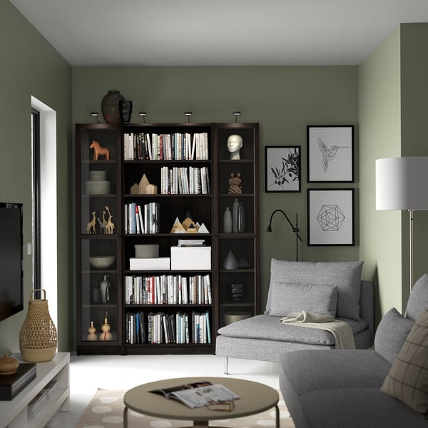 BILLY / OXBERG bookcase combination w glass doors, dark brown oak effect, 160x202 cm