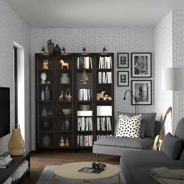 BILLY / OXBERG - Bookcase/glass door combination, dark brown oak effect,160x202 cm