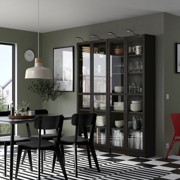 BILLY / OXBERG bookcase combination w glass doors, dark brown oak effect, 160x202 cm