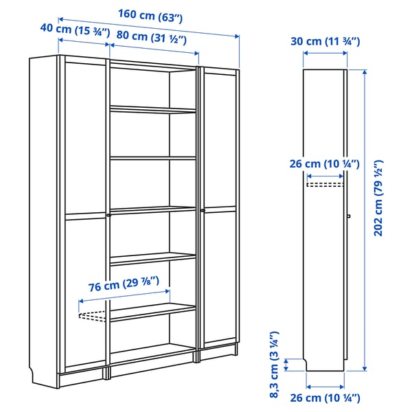 BILLY / OXBERG bookcase combination w glass doors, dark brown oak effect, 160x202 cm