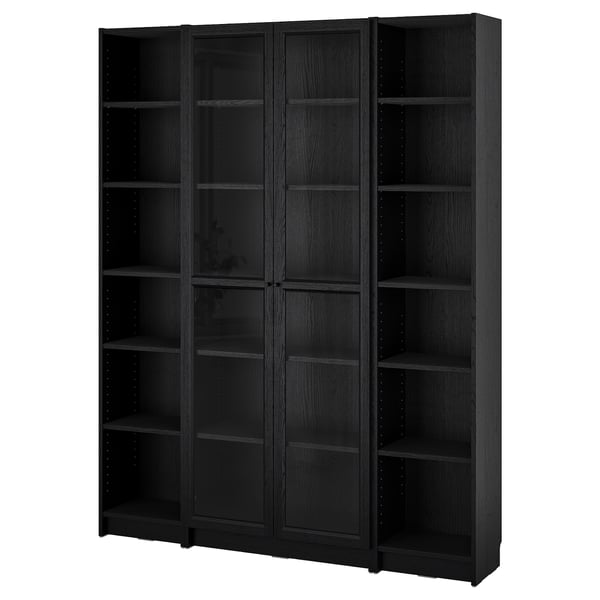 BILLY / OXBERG bookcase combination w glass doors, black oak effect, 160x202 cm