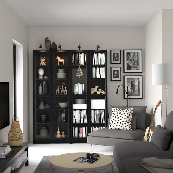 BILLY / OXBERG bookcase combination w glass doors, black oak effect, 160x202 cm