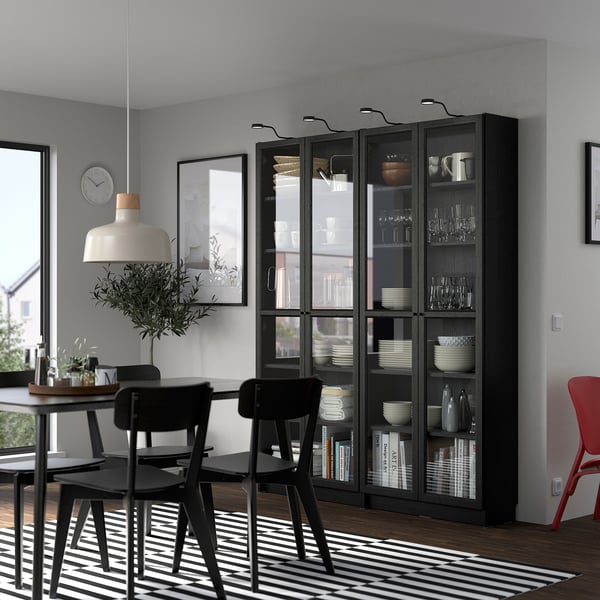 BILLY / OXBERG bookcase combination w glass doors, black oak effect, 160x202 cm