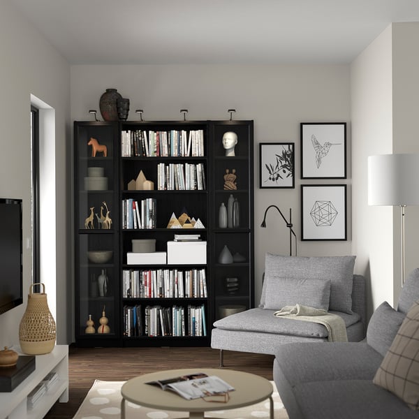 BILLY / OXBERG bookcase combination w glass doors, black oak effect, 160x202 cm