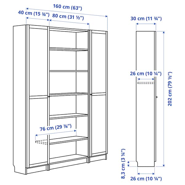 BILLY / OXBERG - Bookcase combination w glass doors, black oak effect, 160x202 cm