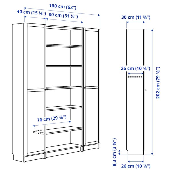 Ikea BILLY / OXBERG - Bookcase combination w glass doors, black oak effect, 160x202 cm
