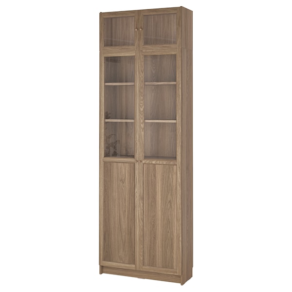 BILLY / OXBERG - Bookcase with glass doors, oak effect/clear glass, 80x30x237 cm