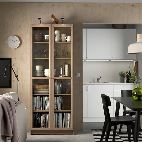 BILLY / OXBERG bookcase with glass doors, oak effect, 80x30x202 cm