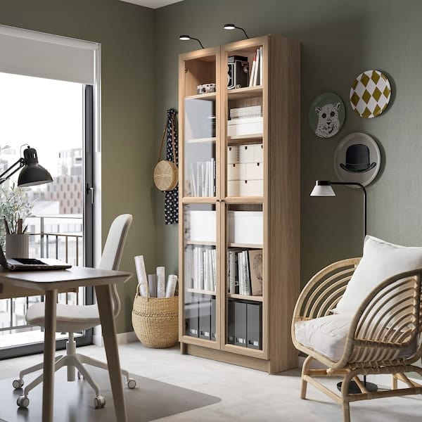 BILLY OXBERG Bookcase with glass doors oak effect 80x30x202 cm Best Price at Maltashopper