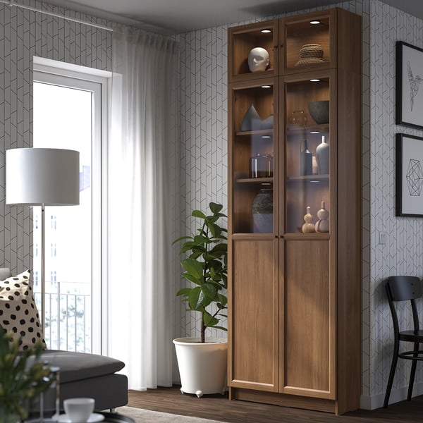 BILLY / OXBERG - BILLY / OXBERG Bookcase with glass doors, brown walnut effect/clear glass, 80x30x237 cm