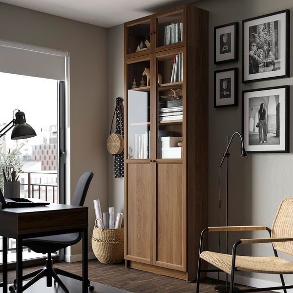 BILLY / OXBERG - BILLY / OXBERG Bookcase with glass doors, brown walnut effect/clear glass, 80x30x237 cm