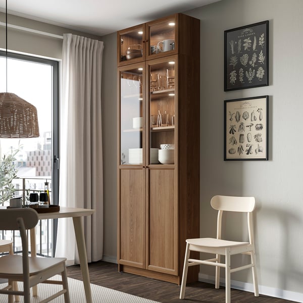 BILLY / OXBERG bookcase with glass doors, brown walnut effect/clear glass, 80x30x237 cm