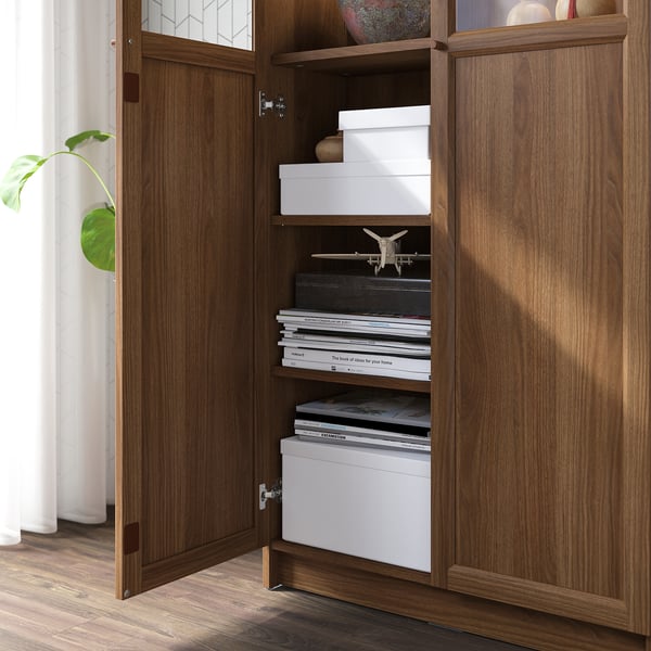 BILLY / OXBERG bookcase with glass doors, brown walnut effect/clear glass, 80x30x237 cm