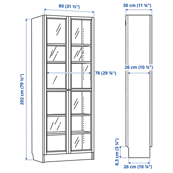 BILLY / OXBERG bookcase with glass doors, brown walnut effect, 80x30x202 cm