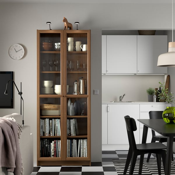 BILLY / OXBERG bookcase with glass doors, brown walnut effect, 80x30x202 cm