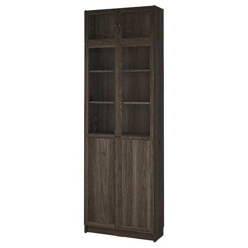 BILLY / OXBERG - Bookcase with glass doors, dark brown oak-effect/transparent glass,80x30x237 cm