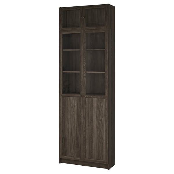 BILLY / OXBERG bookcase with glass doors, dark brown oak effect/clear glass, 80x30x237 cm